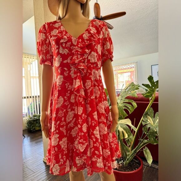 Lulu’s Ximena Coral Red Floral Print Ruffled Short Sleeve Mini Dress sz M EUC - Picture 11 of 16